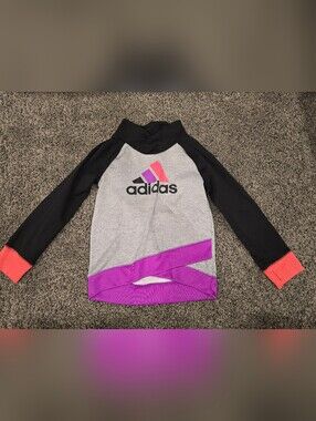 Girls Adidas Grey Sweatshirt with Black Sleeves and Pink/Purple/Coral Logo